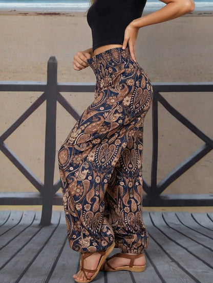 Boho Paisley Print High Waisted Harem Pants, Loose, Casual,  Elastic Cuff, Comfortable and Stylish