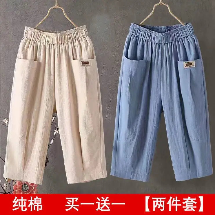 Cotton Linen Cropped 3/4 Length Pants, Loose, Linen with Elastic Waist and Pockets