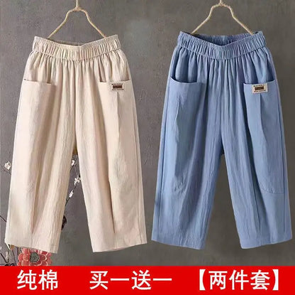 Cotton Linen Cropped 3/4 Length Pants, Loose, Linen with Elastic Waist and Pockets
