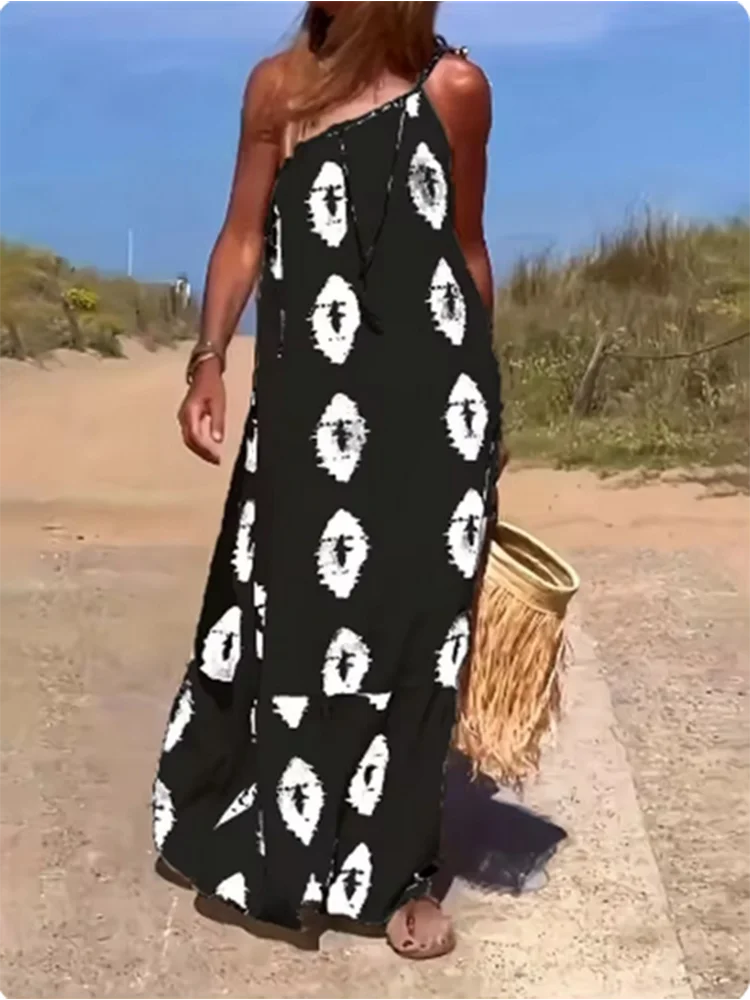 Bohemian Dress to 2XL  One Sloping Shoulder, Loose Long Dress