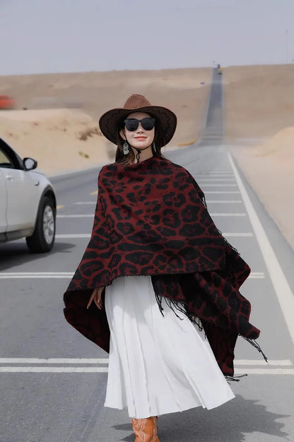 Vintage Boho Leopard Print Soft Over-the-Head Cloaks With Tassels