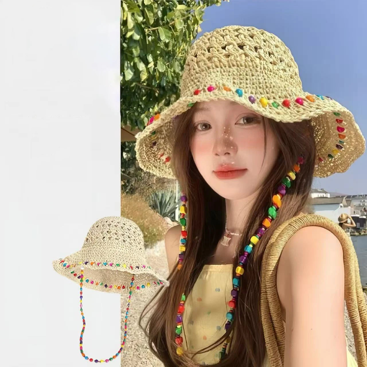Weaved Bohemian Wide floppy Brimmed Bucket Hats with beads