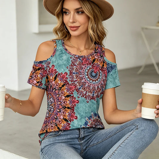 Bohemian Mandala Open Shoulder T-Shirt, Casual, Geometric Print, Short Sleeve, Loose Fit