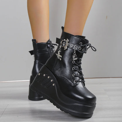Punk Goth Platform Heels Wedge Heeled Boots, Tie and Strap Closures