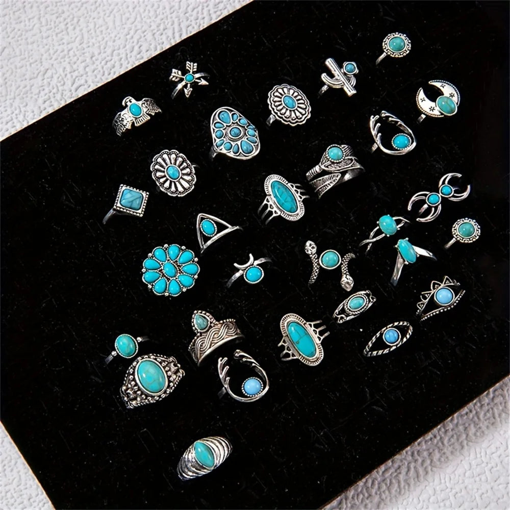 Tray of 20Pcs Vintage Bohemian Turquoise Stone Rings For Women Men Mix