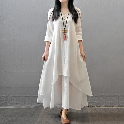 Boho Vintage Cotton and Linen with Pockets, Double Layer Swing Dress