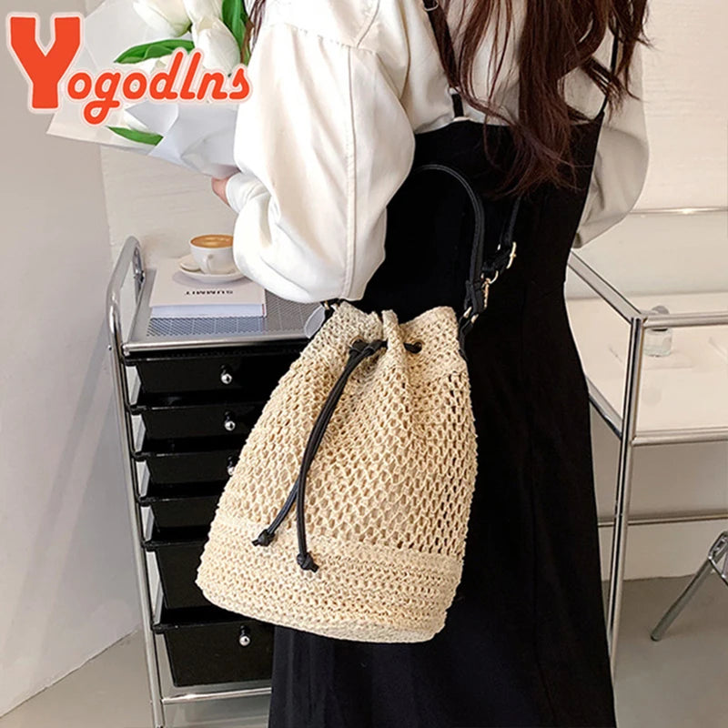 Braided Straw Bucket Bag, Drawstring Shoulder Crossbody Bag,