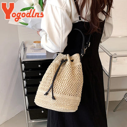 Braided Straw Bucket Bag, Drawstring Shoulder Crossbody Bag,