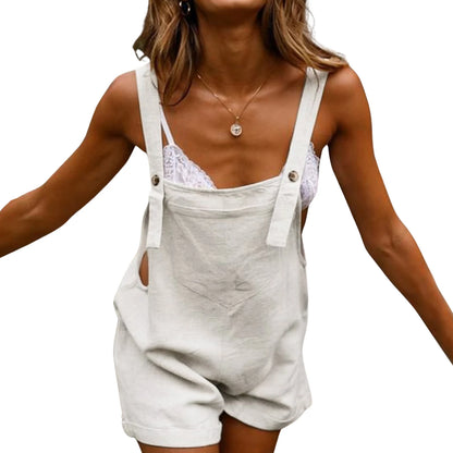 Women's New Sleeveless Square Collar Black White And Military Green Button Fashion Casual Suspender Shorts