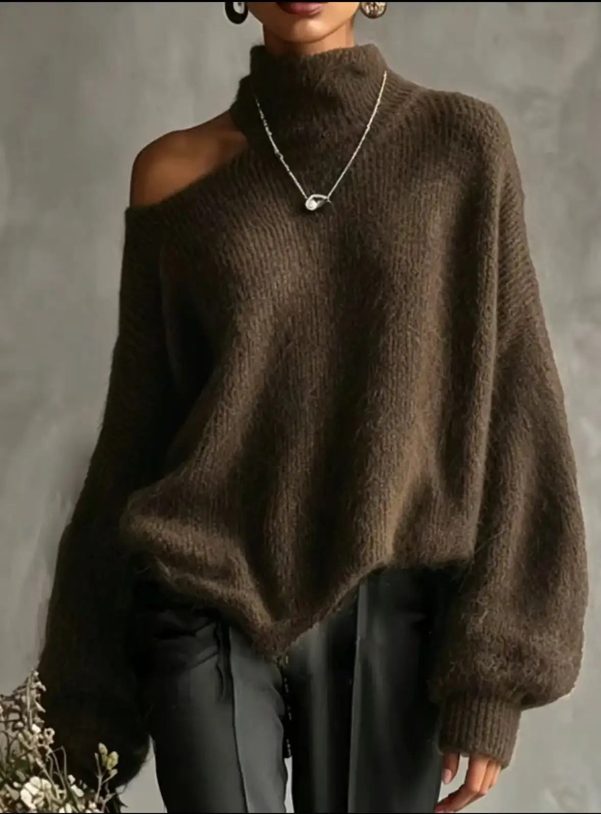 Off-Shoulder High-Collar Loose Knit Pullover, Long Sleeve, 10 Colors in sizes to 2XL