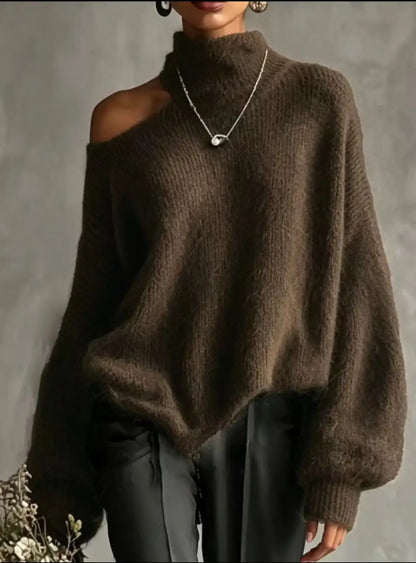 Off-Shoulder High-Collar Loose Knit Pullover, Long Sleeve, 10 Colors in sizes to 2XL