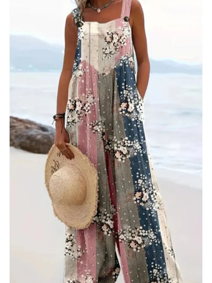 Sizes to 5XL-5XL. Floral Print Suspender Overalls, Loose Wide-Leg Jumpsuit