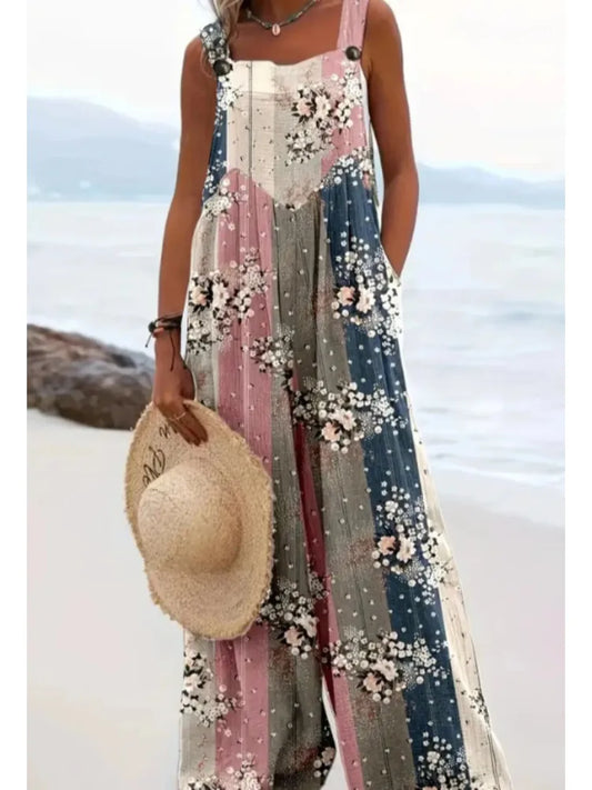 Sizes to 5XL-5XL. Floral Print Suspender Overalls, Loose Wide-Leg Jumpsuit