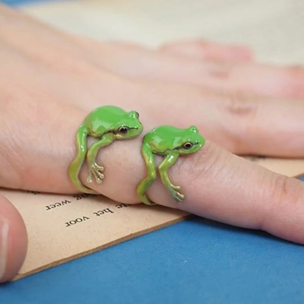 Green Enamel Frog Open Ring  Adjustable Finger Jewelry