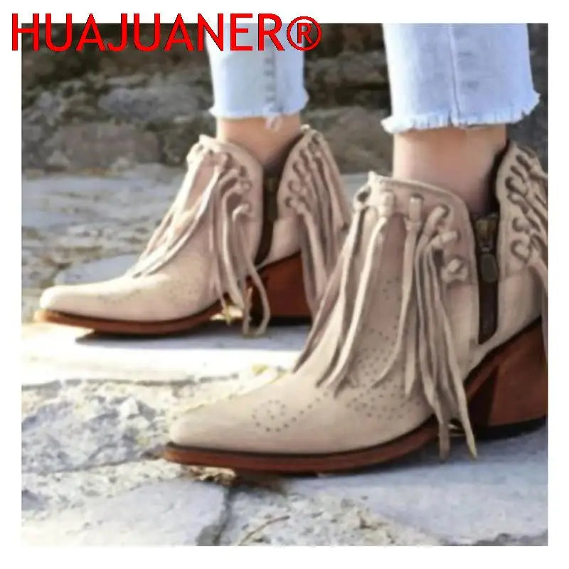 Short Walking with Western Flair, Suede, Low Heel Round Toe, Tassel Ankle Boots with Side Zipper Closure. In Gold and Off White