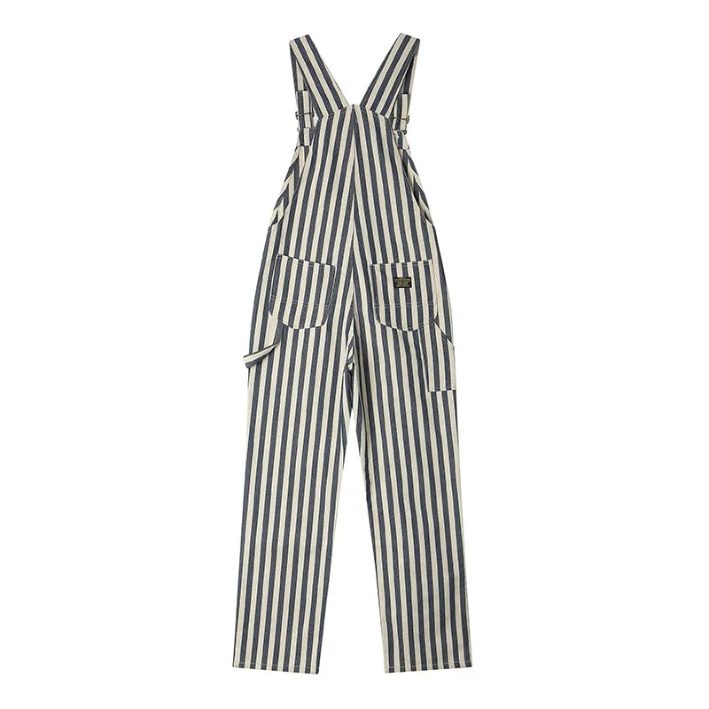 Sizes to 2XL American Retro Striped Denim Overalls Classic Fit Workwear Pants