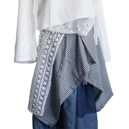 Sporty Street Style with Ruffle and Bow Tie Asymmetrical Hankie Hemline Elastic Waist, Plaid Patterned Skirt--Sizes 58 Centimeter Waist