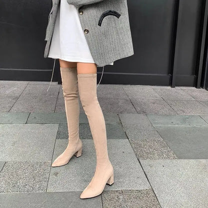 Sexy High Boots Over The Knee, Warm Boots, Suede Back Zipper, Square Heel