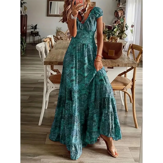 Sizes 1XL-5XL N Vintage Print Maxi Dress, Casual, V Neck, Short Sleeves, Long Elastic Waistline, in 6 Colors