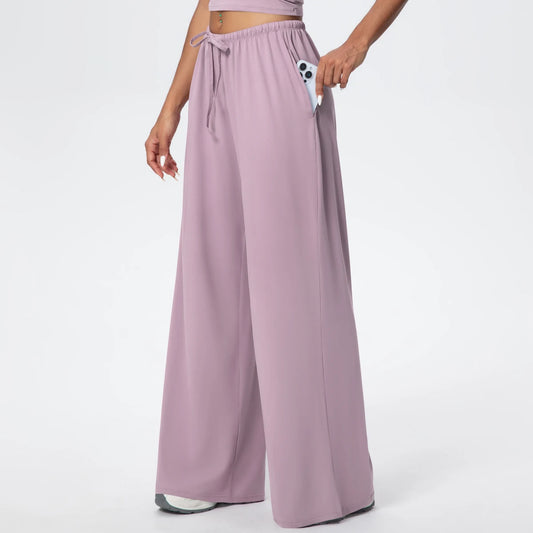 Quick Drying Wide Leg Yoga Pants Loose High Waist With Pockets and drawstring