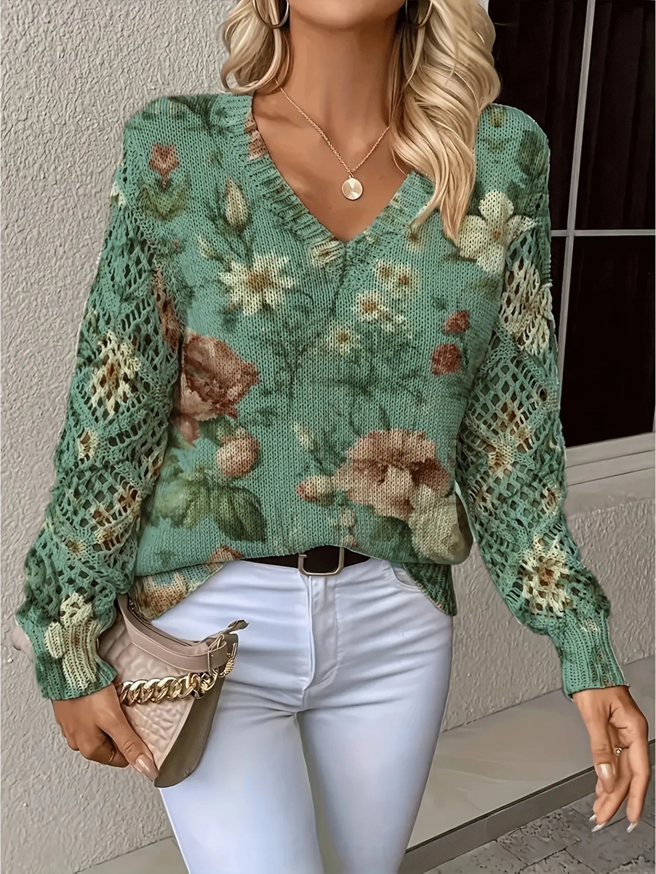 Boho Floral Print V Neck Crocheted Long Sleeved Sweater with Hollowed Out Knit Sleeves in 12 Different Designs