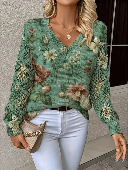 Boho Floral Print V Neck Crocheted Long Sleeved Sweater with Hollowed Out Knit Sleeves in 12 Different Designs