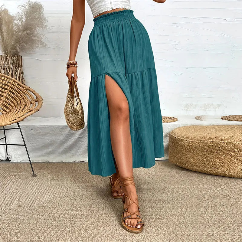 Bohemian Midi Skirt, High Waisted, Solid Colors, Casual with Side Slit, 3 Colors