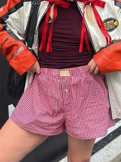 Retro Plaid Print Elastic Low Waist Button Front Loose Boxers