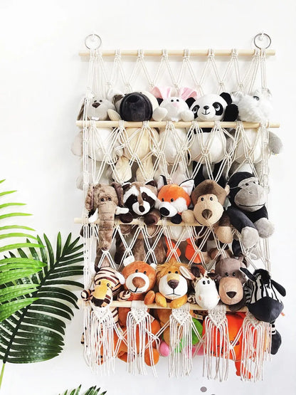Boho Hand-woven Storage Hammock Rack Ideal for Children's Room Plush Toy Storage Display Shelf Home Decor Organizer Mesh Wall Art Tapestry