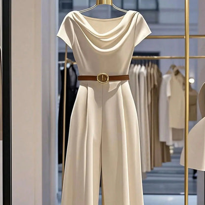 European American style satin jumpsuit with pile collar, wide legs, and belted