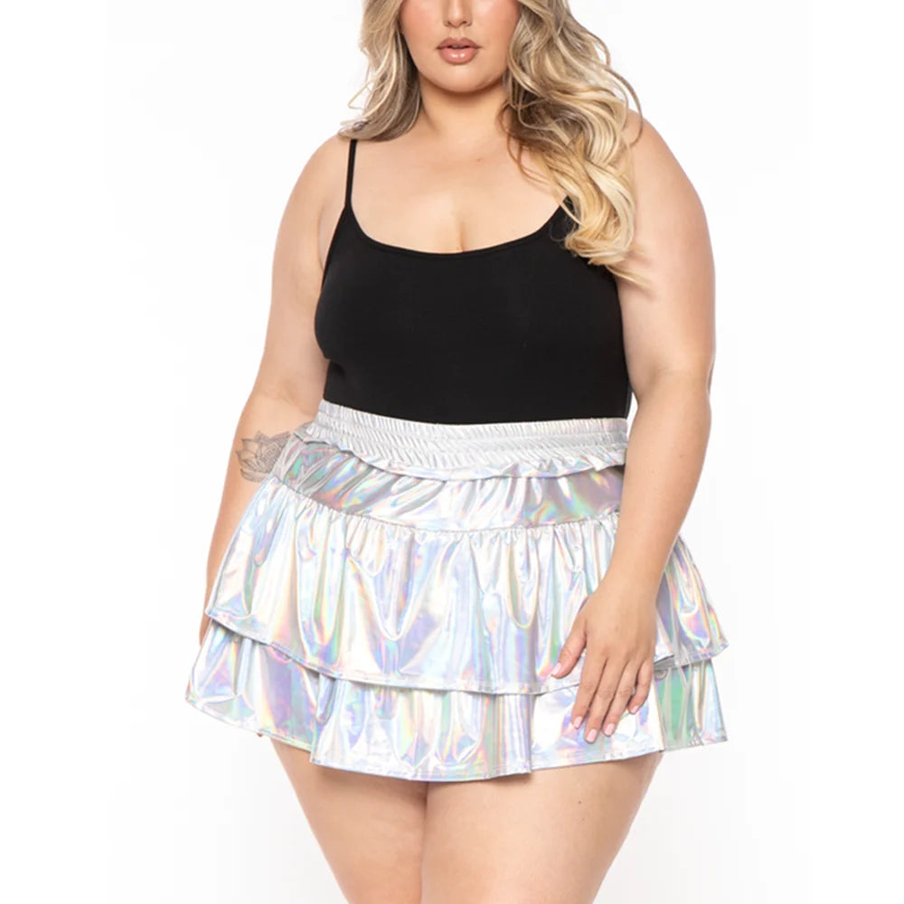 Sizes to 8XL!! Hologram Laser Tiered Pleated Mini Skirts, High Elastic Waist, A-line