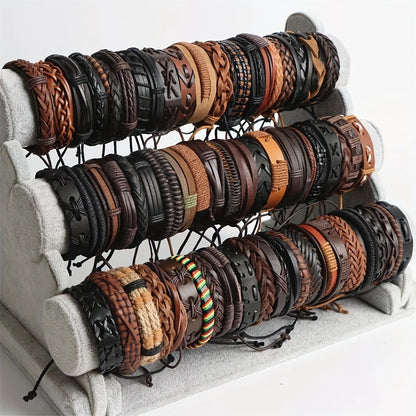 Boho 20Pcs Braided Leather Bracelets with Wood Beads Hemp Cords Tribal Handmade Wrapped Wristband