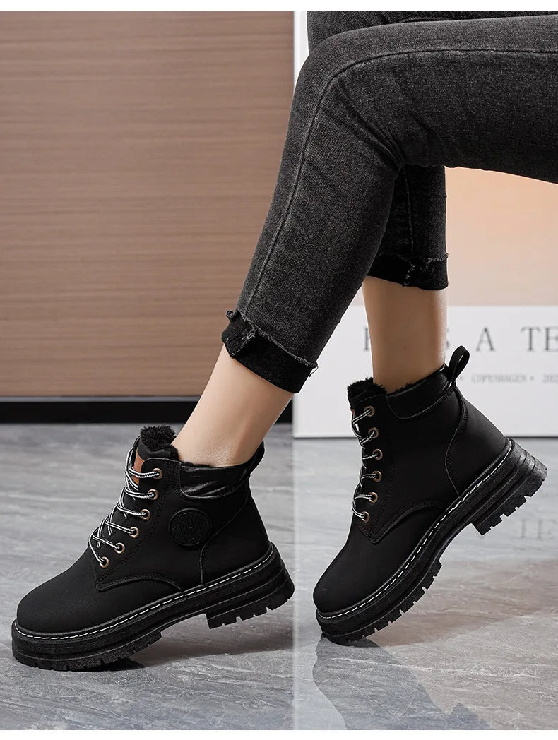 High Top Work Boots, Thick Soled, Lace-Up, Anti-Slip Warm Waterproof Women's Boots in Black and Marigold