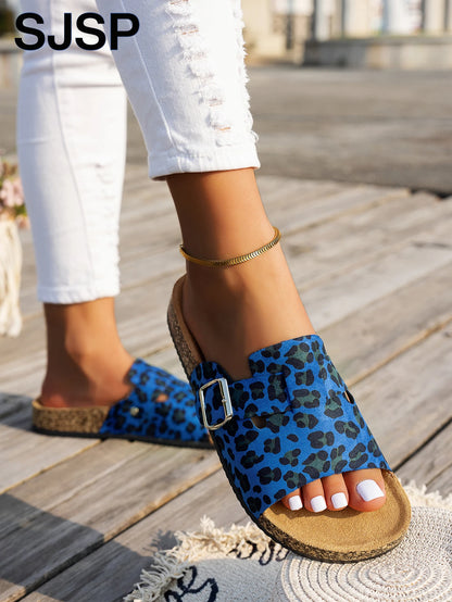 Open-Toe Sandals, Brown Cork Sole Sandals, Leopard Print Slides with Adjustable Buckle Straps