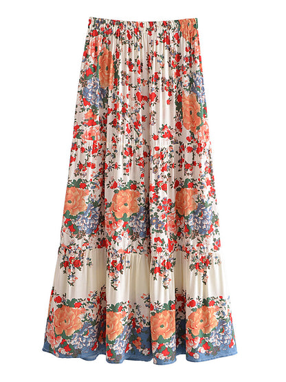 Vintage Chic Bohemian Floral Print  Hippie Skirt High Elastic Waist Maxi Skirt