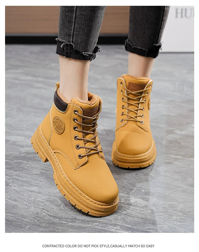 High Top Work Boots, Thick Soled, Lace-Up, Anti-Slip Warm Waterproof Women's Boots in Black and Marigold