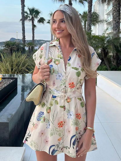 Boho Floral Print Shirt Mini Dress With Belt and Button Down Front, Tie Waist