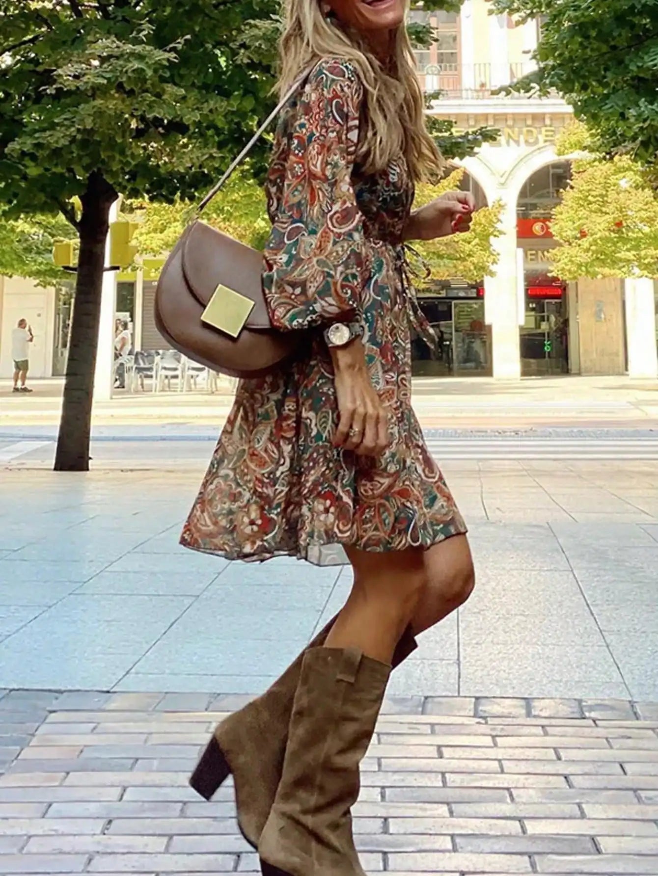 Boho V-neck floral long-sleeved knee-length dress, Casual and comfortable. XS to XL. Loose fit