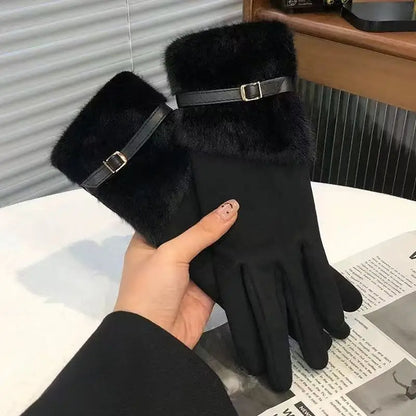Warm Gloves Fleece Lined Windproof Cold-Resistant Touchscreen Compatible with Plush Decoration