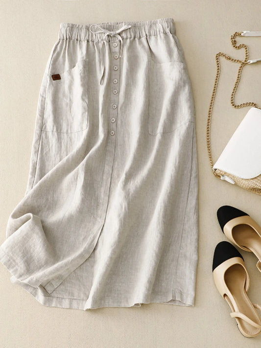 Retro Cotton Linen Elastic and Drawstring Waist Skirt, with Pockets