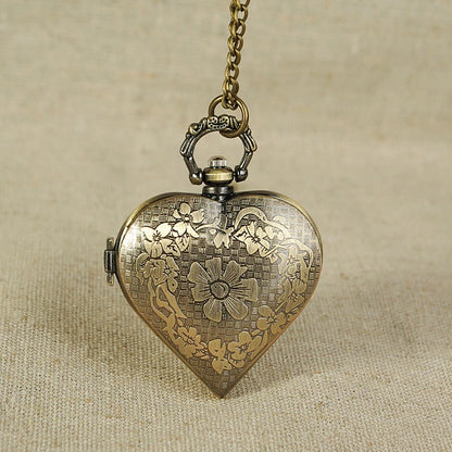 Vintage Bronze Heart Shape Pendant Quartz Pocket Watch with Necklace Chain