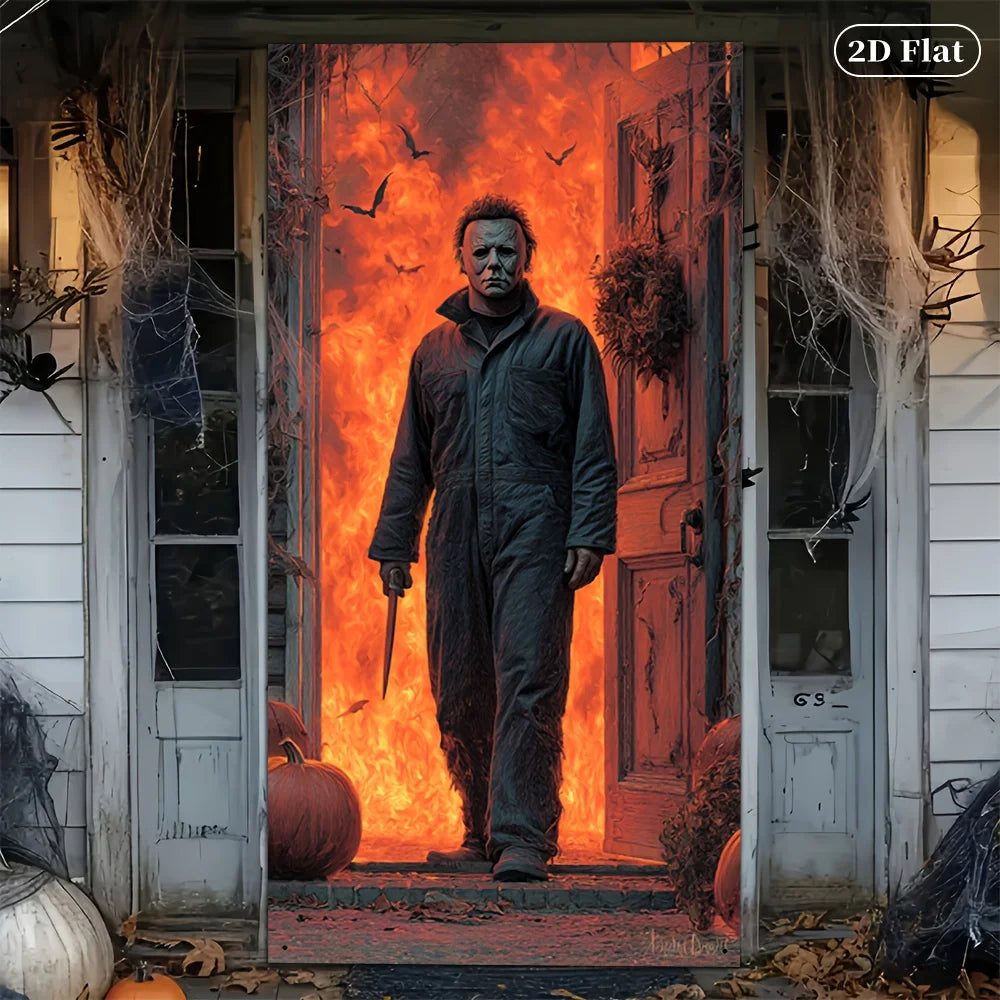 2D door banner, Halloween door cover 70.8 by 30.4 inches- polyester indoor/outdoor decoration with Michael Myers mask design