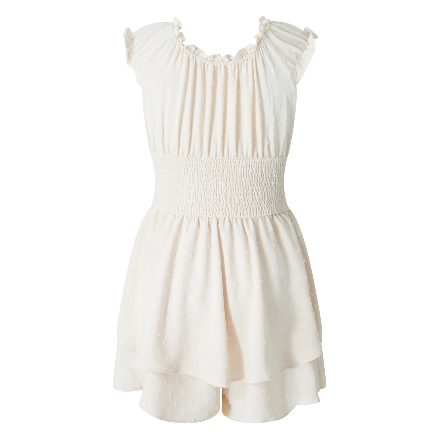 Boho Dotted Swiss, Short Sleeve, High Elastic Waist, Ruffle Hem, Short Jumpsuit, Can be Worn Off the Shoulders