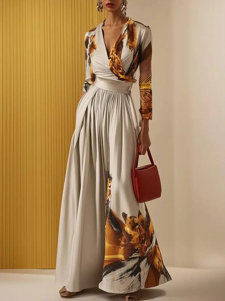 Sizes to 2XL Women's Slim Fit Jumpsuit V-neck Long Sleeves High Waist and Extra Wide Legs