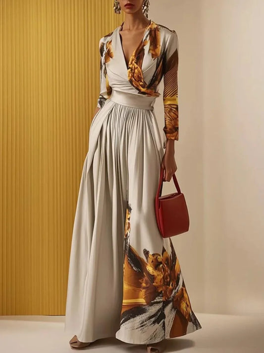 Sizes to 2XL Women's Slim Fit Jumpsuit V-neck Long Sleeves High Waist and Extra Wide Legs
