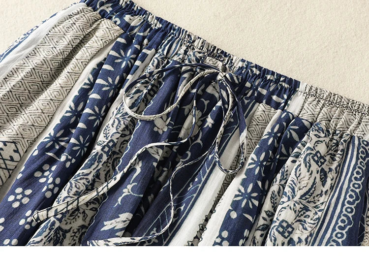 Retro Ethnic Print Flax A-Line Midi Skirt High Waist Drawstring Sizes to 2XL