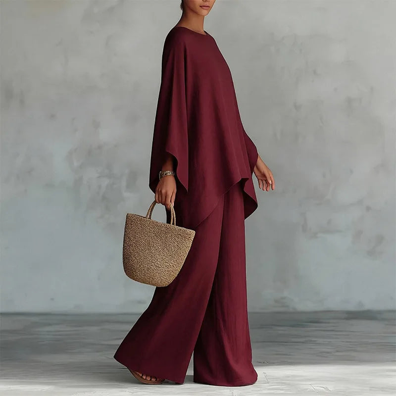 Retro Loose Linen, Long-Sleeved, Extra-Wide Legged Pantsuit, Angled Hem on Top Hem and Sleeves. Comes in Wine Red, White, Grey, Black, and Khaki