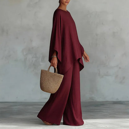 Retro Loose Linen, Long-Sleeved, Extra-Wide Legged Pantsuit, Angled Hem on Top Hem and Sleeves. Comes in Wine Red, White, Grey, Black, and Khaki