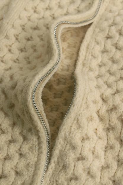 Oversized Beige Cable Knit Sweater Casual Long Sleeve Half-Zip with Pockets Comfortable Knitwear