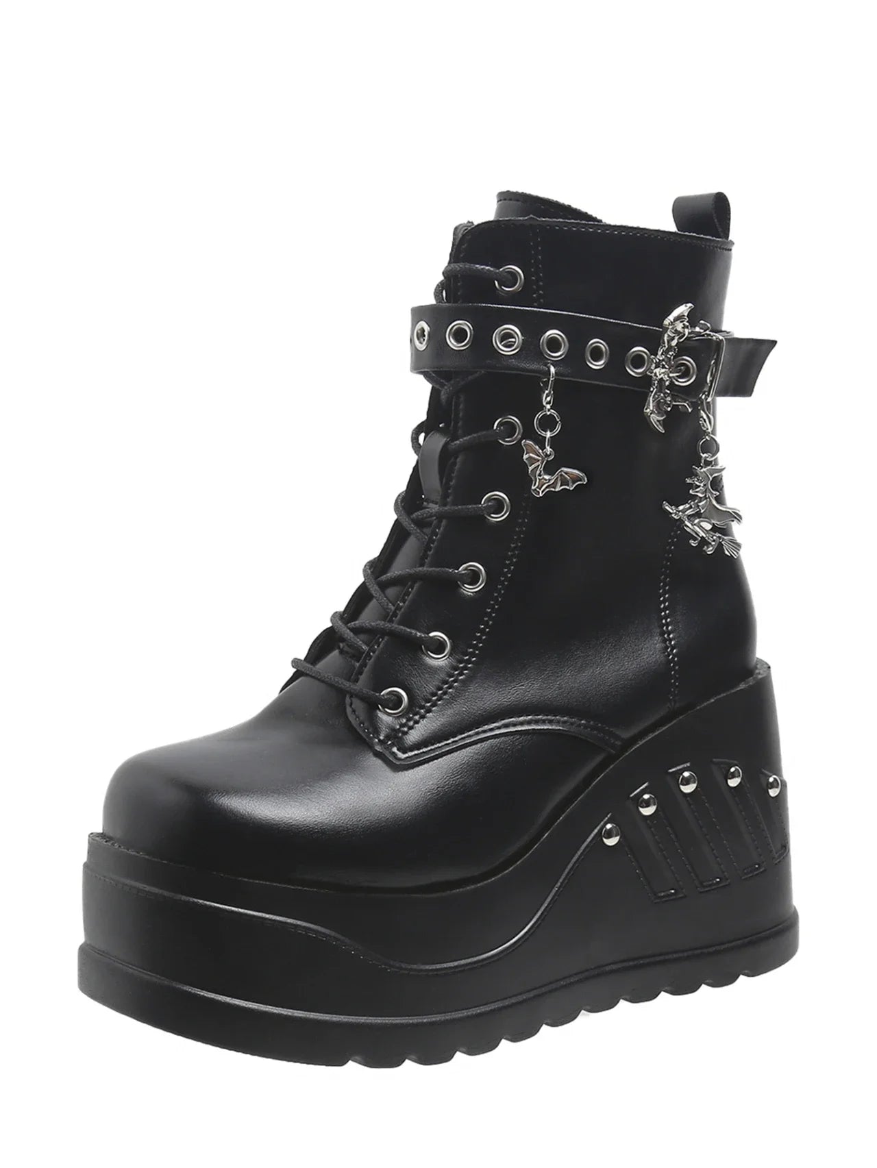 Punk Goth Platform Heels Wedge Heeled Boots, Tie and Strap Closures